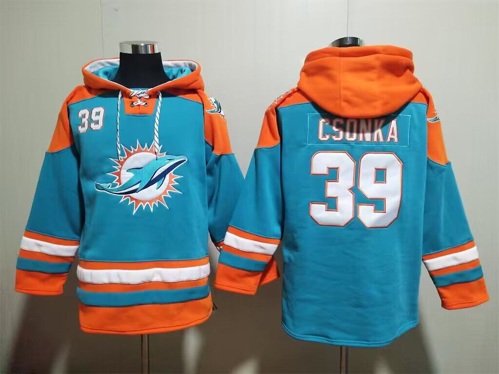 Men's Aqua Miami Dolphins #39 Larry Csonka Lace-Up Pullover Hoodie